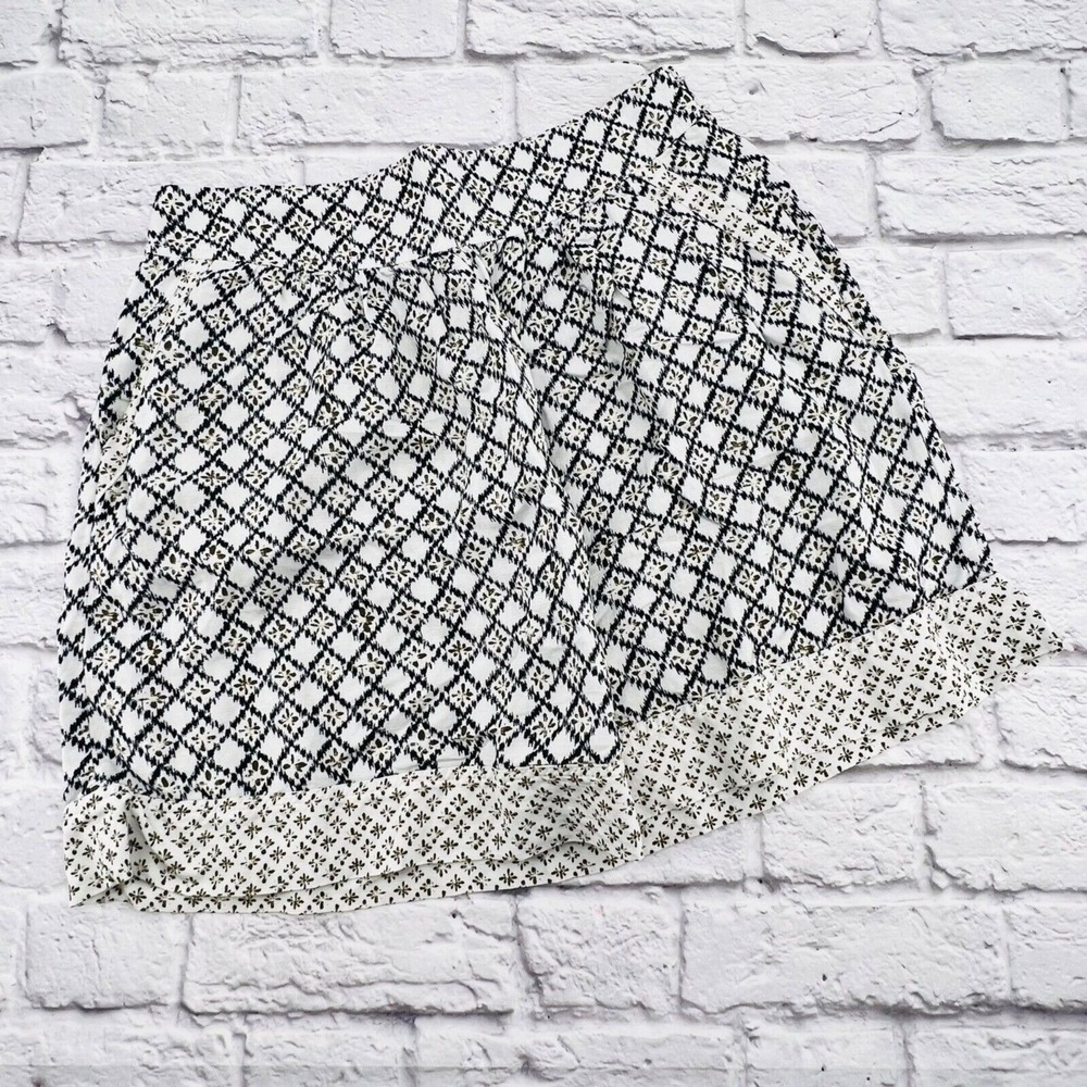 Loft Black White Gold Ikat Diamond Linen Blend Mini Skirt Size 10 Side Zip